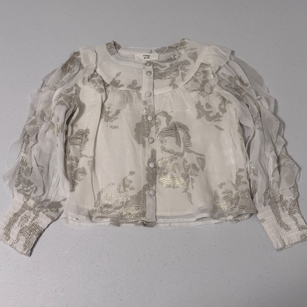 A Loves A Girls White Gold Metallic Floral Ruffle Button Front Blouse Size 6 gf